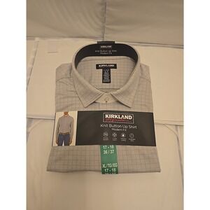 Kirkland Men's Modern Fit Knit Button Up Dress Shirt, Gray, XL (17-18,36/37)